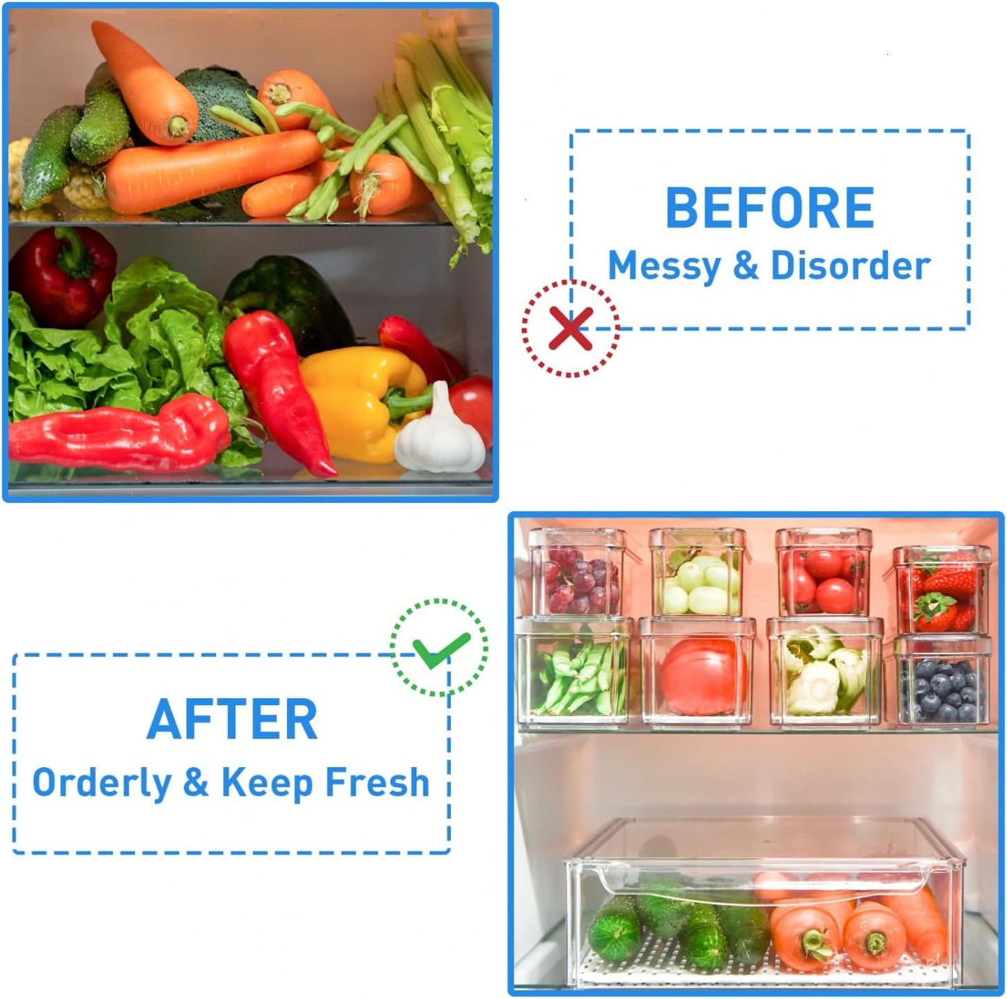 Refrigerator Organizer with Lids BPA Free Clear Storage Containers for Food, Beverages, Vegetables, 10 Pcs
