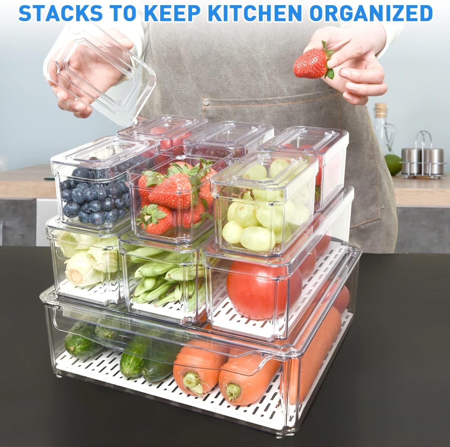 Refrigerator Organizer with Lids BPA Free Clear Storage Containers for Food, Beverages, Vegetables, 10 Pcs