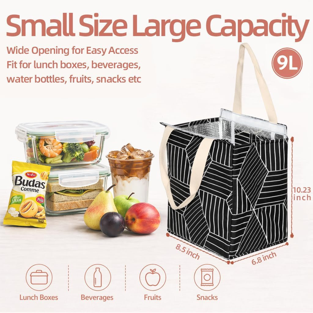 Insulated Lunch Bag for Women, 9L Sturdy Wide-Open Foldable & Portable Lunch Tote with Interior Pockets, Water-Resistant Thermal Lunch Cooler for Adults Picnic Beach (Black Rhombus)