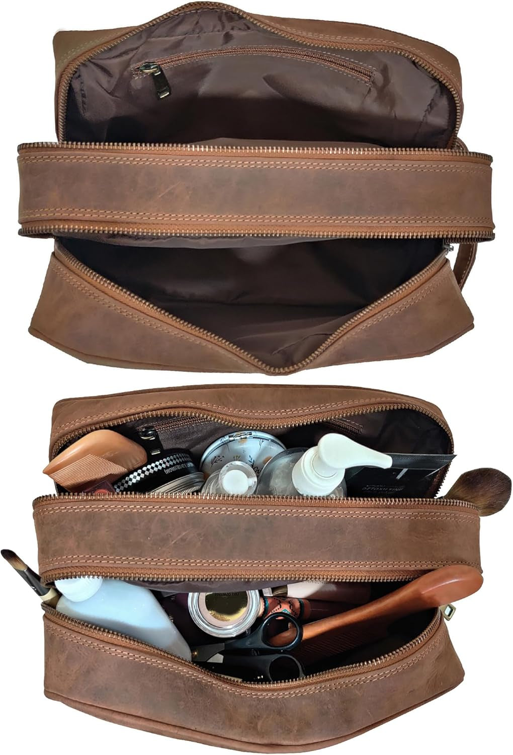 Full Grain Leather Handmade Travel Toiletry Bag - Wash Bag, Shaving Kit and Make up Kit - Travel Gift for Men and Women by