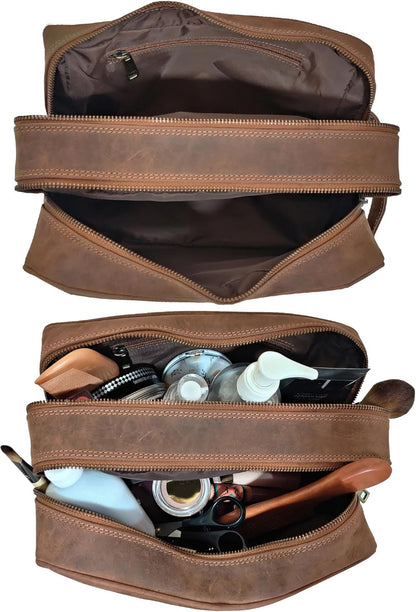 Full Grain Leather Handmade Travel Toiletry Bag - Wash Bag, Shaving Kit and Make up Kit - Travel Gift for Men and Women by