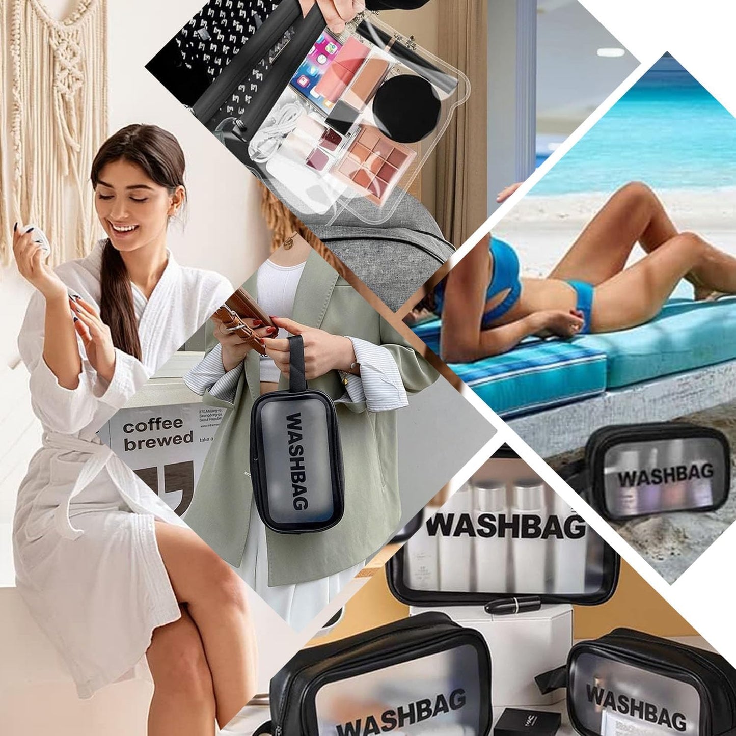 5Pcs Clear Toiletry Bag, Waterproof PU Makeup Bag with Zipper Handle, Portable Airport Cosmetic Bag for Women & Men, Travel Accessories Wash Bag for Travelling & Holiday (Black)
