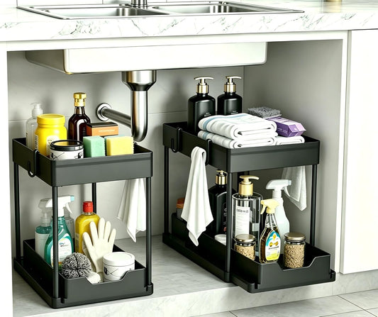 under Sink Storage 2 Pack, 2 Tier Sliding Organiser, Multi-Purpose Shelf Organiser, Pull Out Cabinet Basket Drawer (Black)