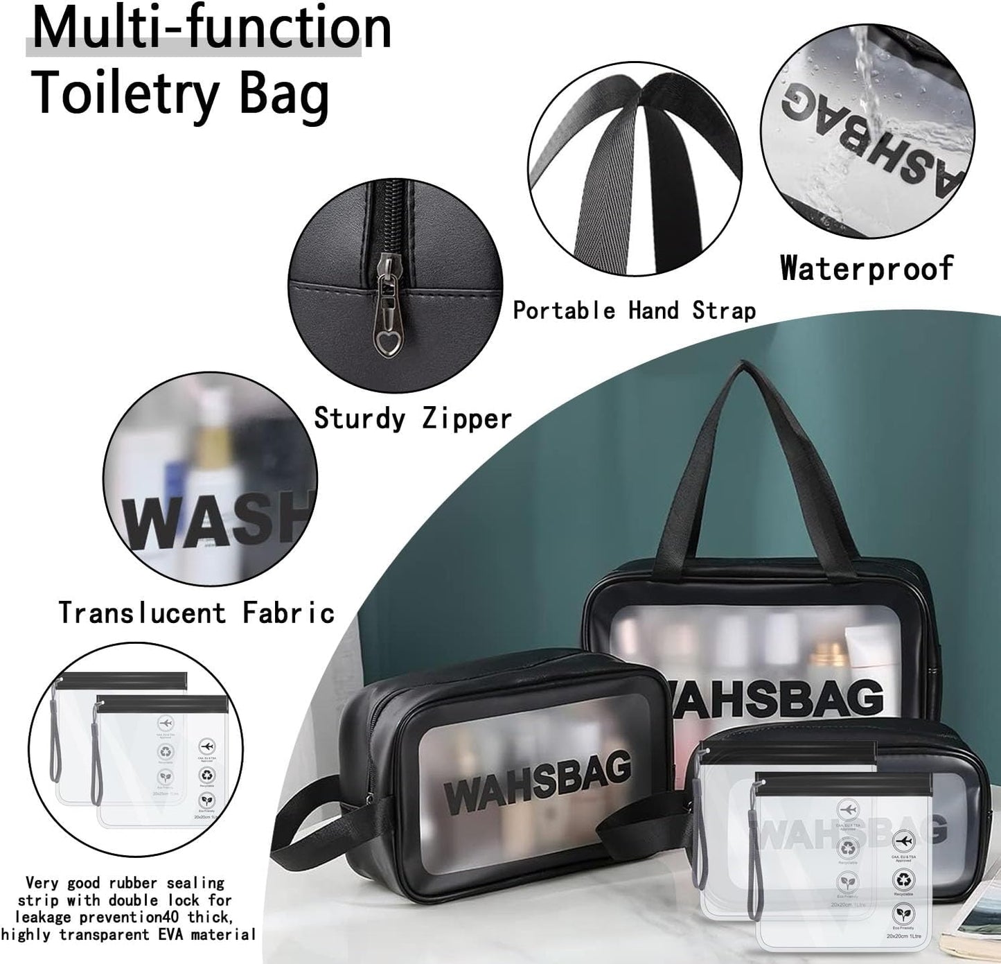 5Pcs Clear Toiletry Bag, Waterproof PU Makeup Bag with Zipper Handle, Portable Airport Cosmetic Bag for Women & Men, Travel Accessories Wash Bag for Travelling & Holiday (Black)