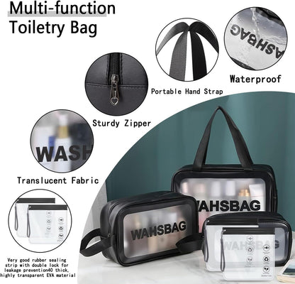 5Pcs Clear Toiletry Bag, Waterproof PU Makeup Bag with Zipper Handle, Portable Airport Cosmetic Bag for Women & Men, Travel Accessories Wash Bag for Travelling & Holiday (Black)