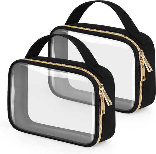 TSA Approved Toiletry Bag, 2 Pack Clear Makeup Bags with Handles, Quart Size Toiletry Bags, PVC Cosmetic Bags for Women and Men, Carry on Airport Airline Compliant Bag, Black