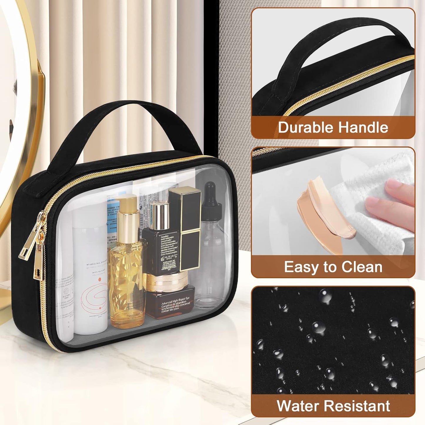TSA Approved Toiletry Bag, 2 Pack Clear Makeup Bags with Handles, Quart Size Toiletry Bags, PVC Cosmetic Bags for Women and Men, Carry on Airport Airline Compliant Bag, Black
