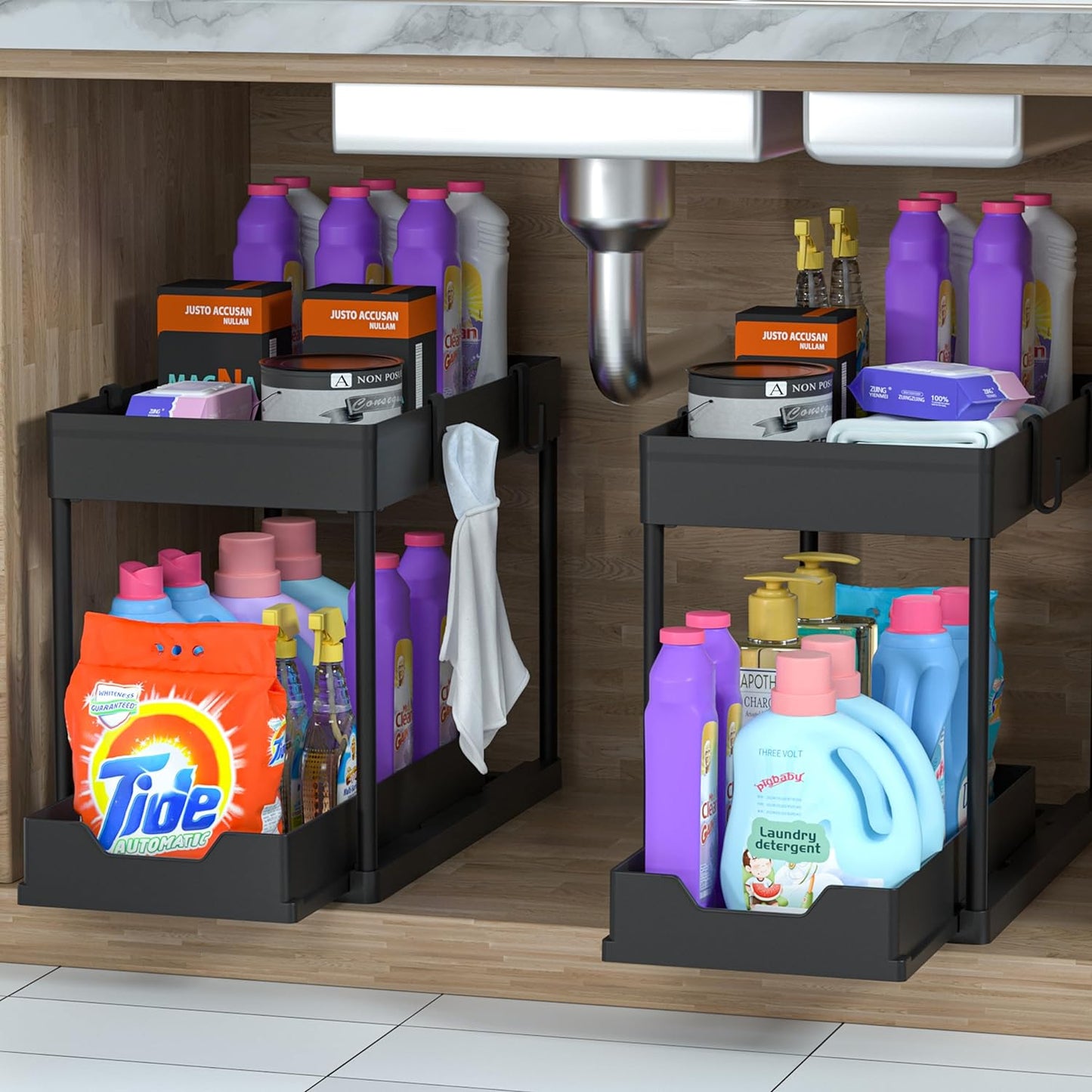under Sink Storage 2 Pack, 2 Tier Sliding Organiser, Multi-Purpose Shelf Organiser, Pull Out Cabinet Basket Drawer (Black)