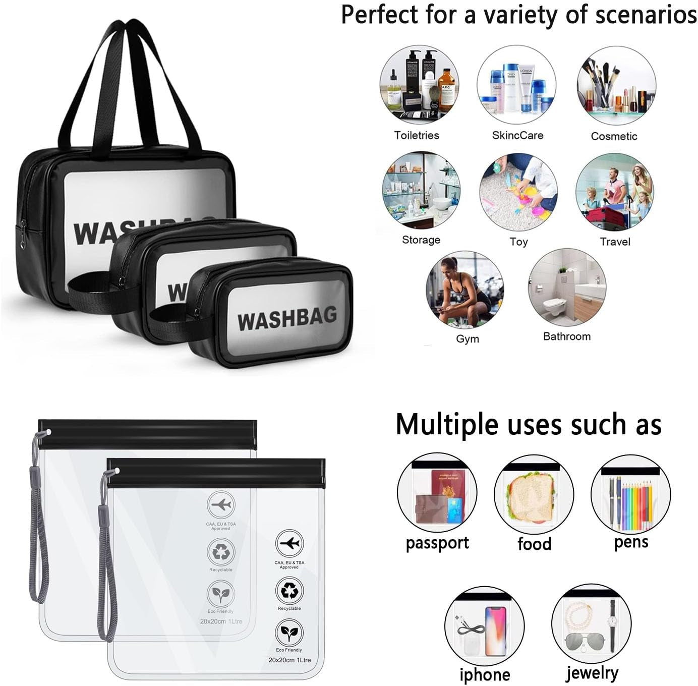 5Pcs Clear Toiletry Bag, Waterproof PU Makeup Bag with Zipper Handle, Portable Airport Cosmetic Bag for Women & Men, Travel Accessories Wash Bag for Travelling & Holiday (Black)