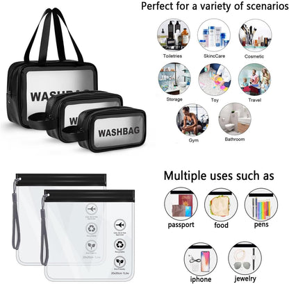 5Pcs Clear Toiletry Bag, Waterproof PU Makeup Bag with Zipper Handle, Portable Airport Cosmetic Bag for Women & Men, Travel Accessories Wash Bag for Travelling & Holiday (Black)