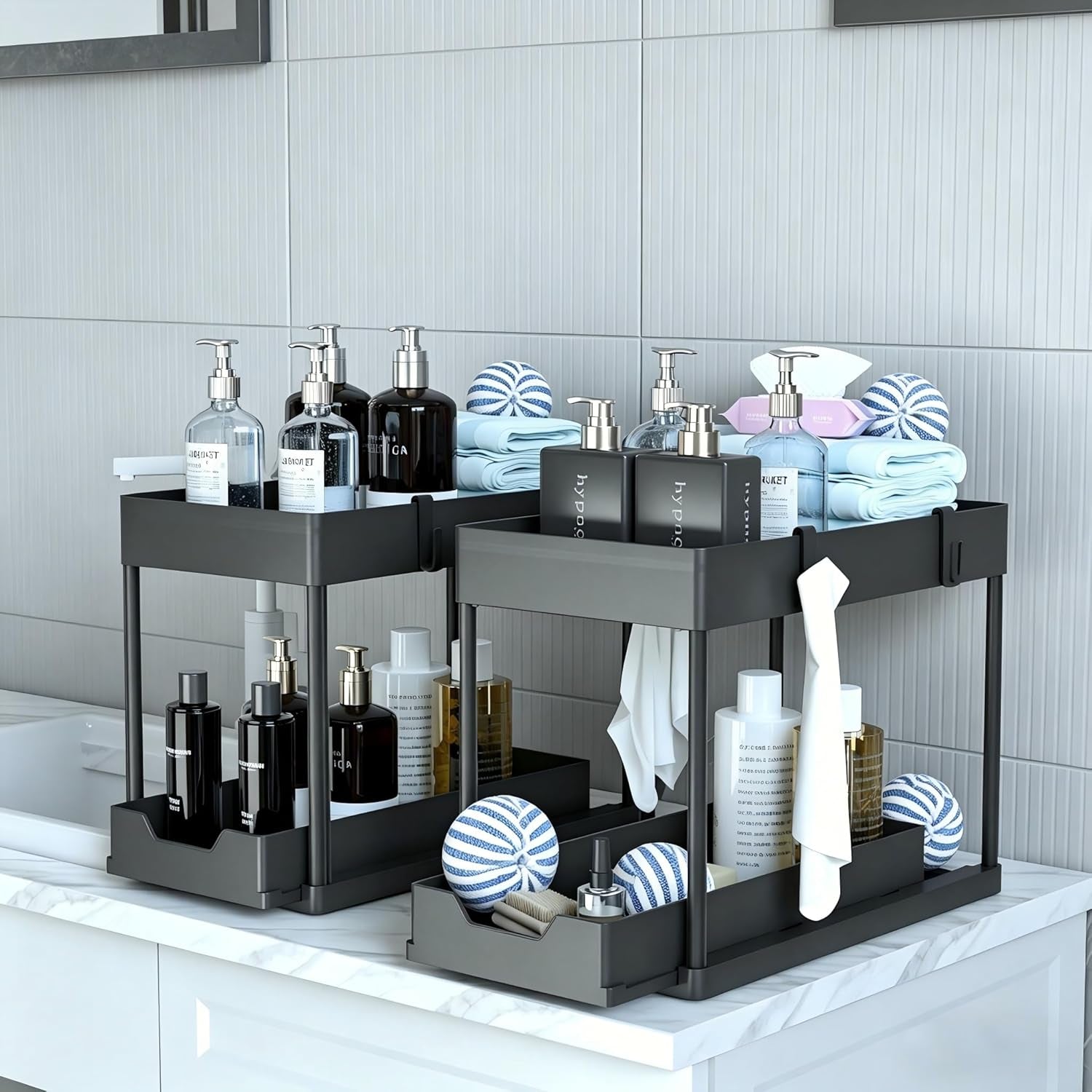 under Sink Storage 2 Pack, 2 Tier Sliding Organiser, Multi-Purpose Shelf Organiser, Pull Out Cabinet Basket Drawer (Black)