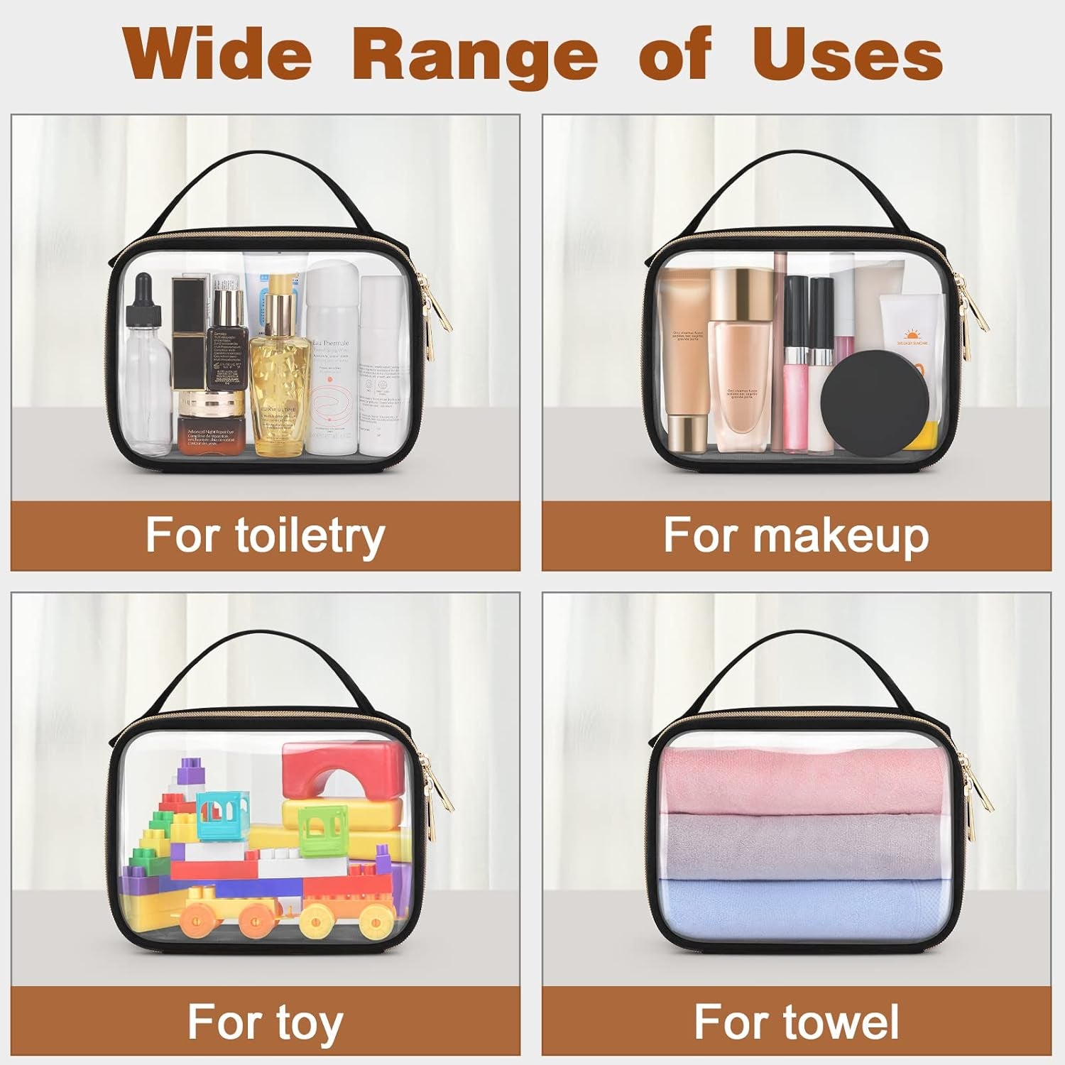TSA Approved Toiletry Bag, 2 Pack Clear Makeup Bags with Handles, Quart Size Toiletry Bags, PVC Cosmetic Bags for Women and Men, Carry on Airport Airline Compliant Bag, Black
