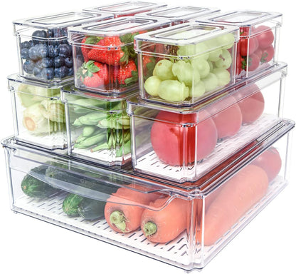 Refrigerator Organizer with Lids BPA Free Clear Storage Containers for Food, Beverages, Vegetables, 10 Pcs