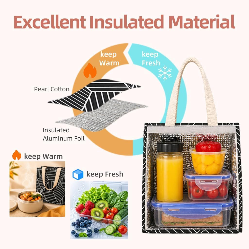 Insulated Lunch Bag for Women, 9L Sturdy Wide-Open Foldable & Portable Lunch Tote with Interior Pockets, Water-Resistant Thermal Lunch Cooler for Adults Picnic Beach (Black Rhombus)
