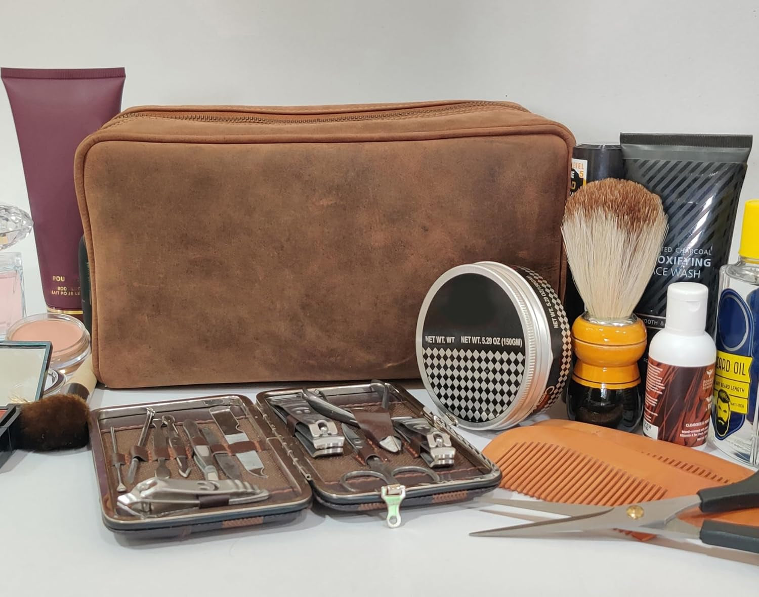 Full Grain Leather Handmade Travel Toiletry Bag - Wash Bag, Shaving Kit and Make up Kit - Travel Gift for Men and Women by