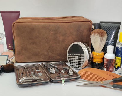 Full Grain Leather Handmade Travel Toiletry Bag - Wash Bag, Shaving Kit and Make up Kit - Travel Gift for Men and Women by