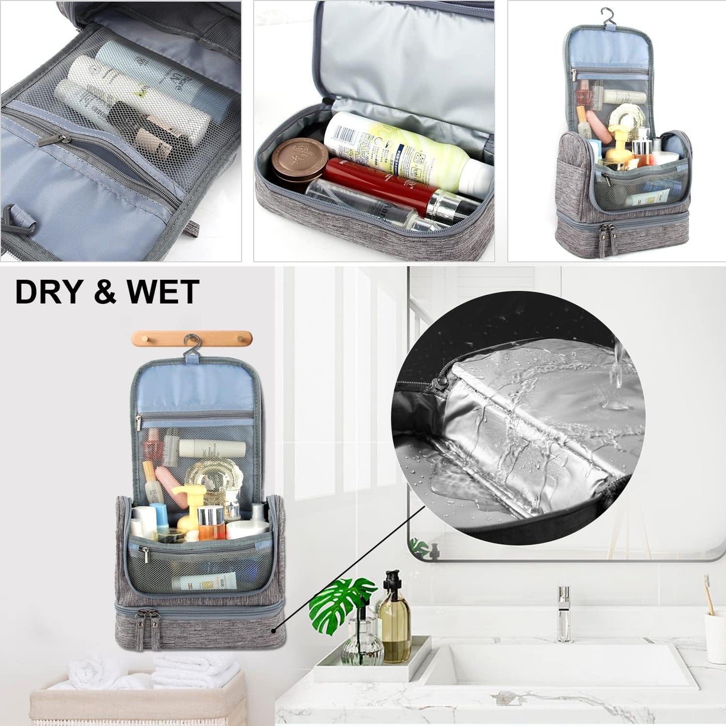 Large Travel Toiletry Bag, Women Mens Wash Bag, Cosmetic Wash Bag with Dry and Wet Separation 2 Layers Design Waterproof Bathroom Bag(Grey)