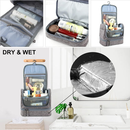 Large Travel Toiletry Bag, Women Mens Wash Bag, Cosmetic Wash Bag with Dry and Wet Separation 2 Layers Design Waterproof Bathroom Bag(Grey)