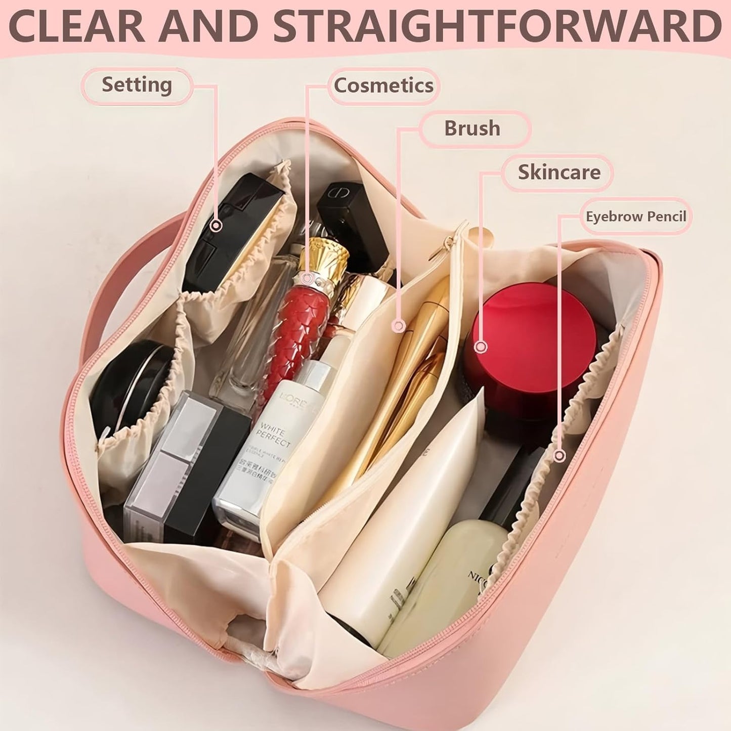Ultimate Travel Makeup Organizer Bag for Women - Large Cosmetic Bag with Multiple Compartments and Toiletry Bags Makeup Bag Makeup Organiser Bag Make up Bag Travel Makeup Bag (Pink)