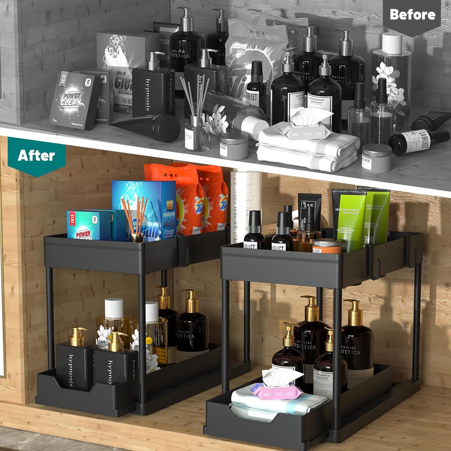 under Sink Storage 2 Pack, 2 Tier Sliding Organiser, Multi-Purpose Shelf Organiser, Pull Out Cabinet Basket Drawer (Black)