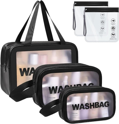 5Pcs Clear Toiletry Bag, Waterproof PU Makeup Bag with Zipper Handle, Portable Airport Cosmetic Bag for Women & Men, Travel Accessories Wash Bag for Travelling & Holiday (Black)