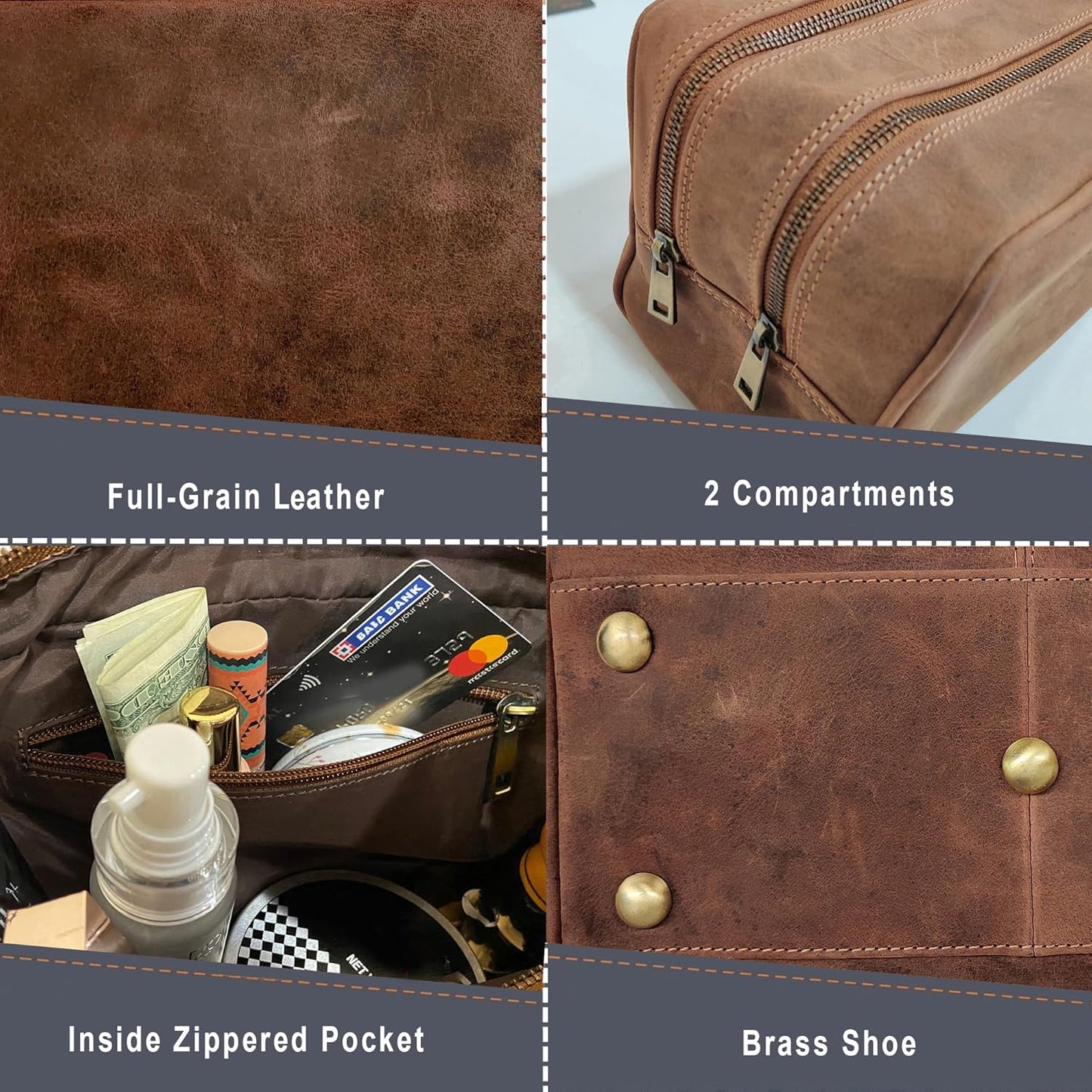 Full Grain Leather Handmade Travel Toiletry Bag - Wash Bag, Shaving Kit and Make up Kit - Travel Gift for Men and Women by