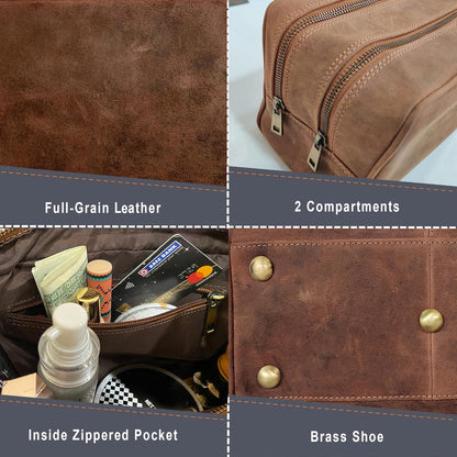 Full Grain Leather Handmade Travel Toiletry Bag - Wash Bag, Shaving Kit and Make up Kit - Travel Gift for Men and Women by