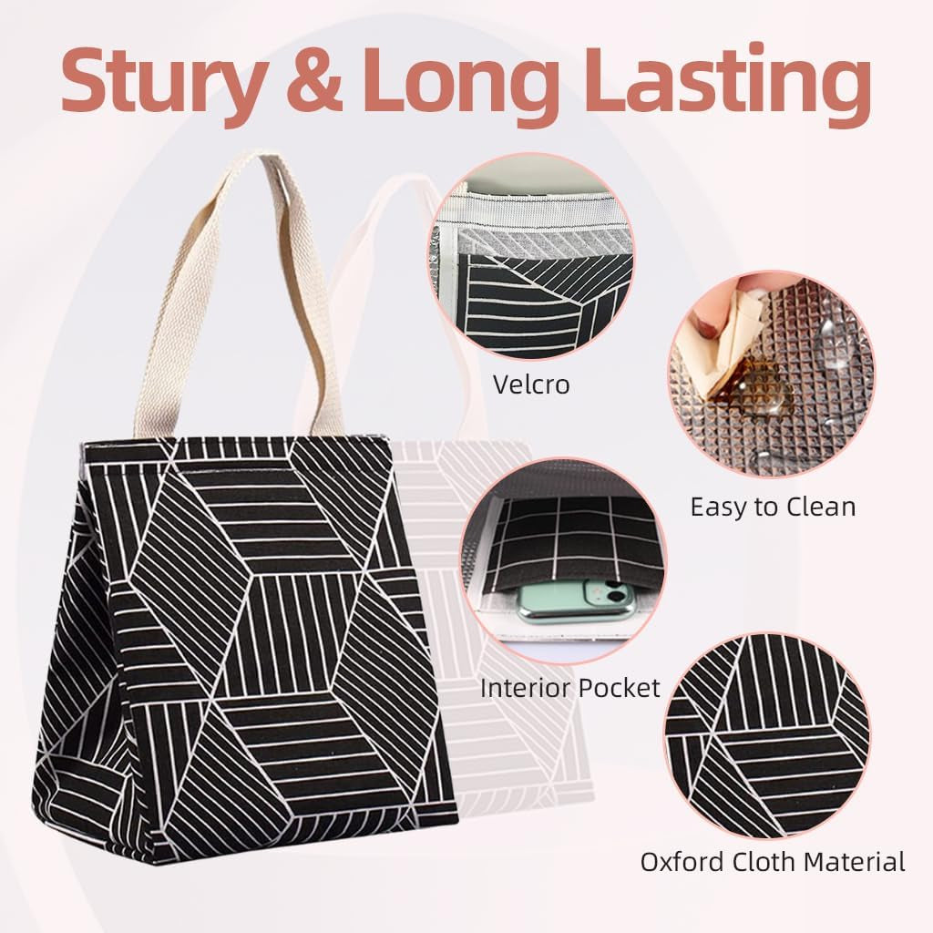 Insulated Lunch Bag for Women, 9L Sturdy Wide-Open Foldable & Portable Lunch Tote with Interior Pockets, Water-Resistant Thermal Lunch Cooler for Adults Picnic Beach (Black Rhombus)