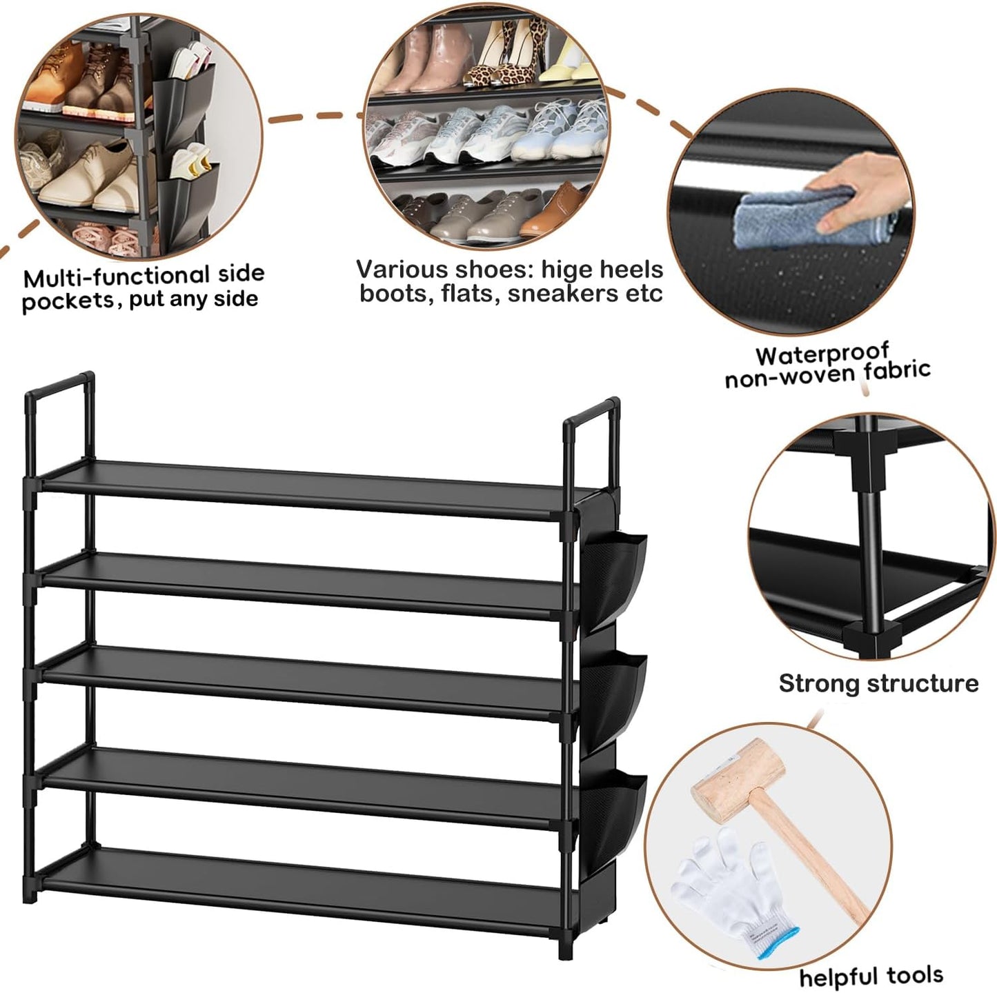 5-Tier Shoe Organizer Rack for Closet, Entryway, Garage, and Door - Space-Saving Shoe Holder Stand with Large Capacity for 20-25 Pairs