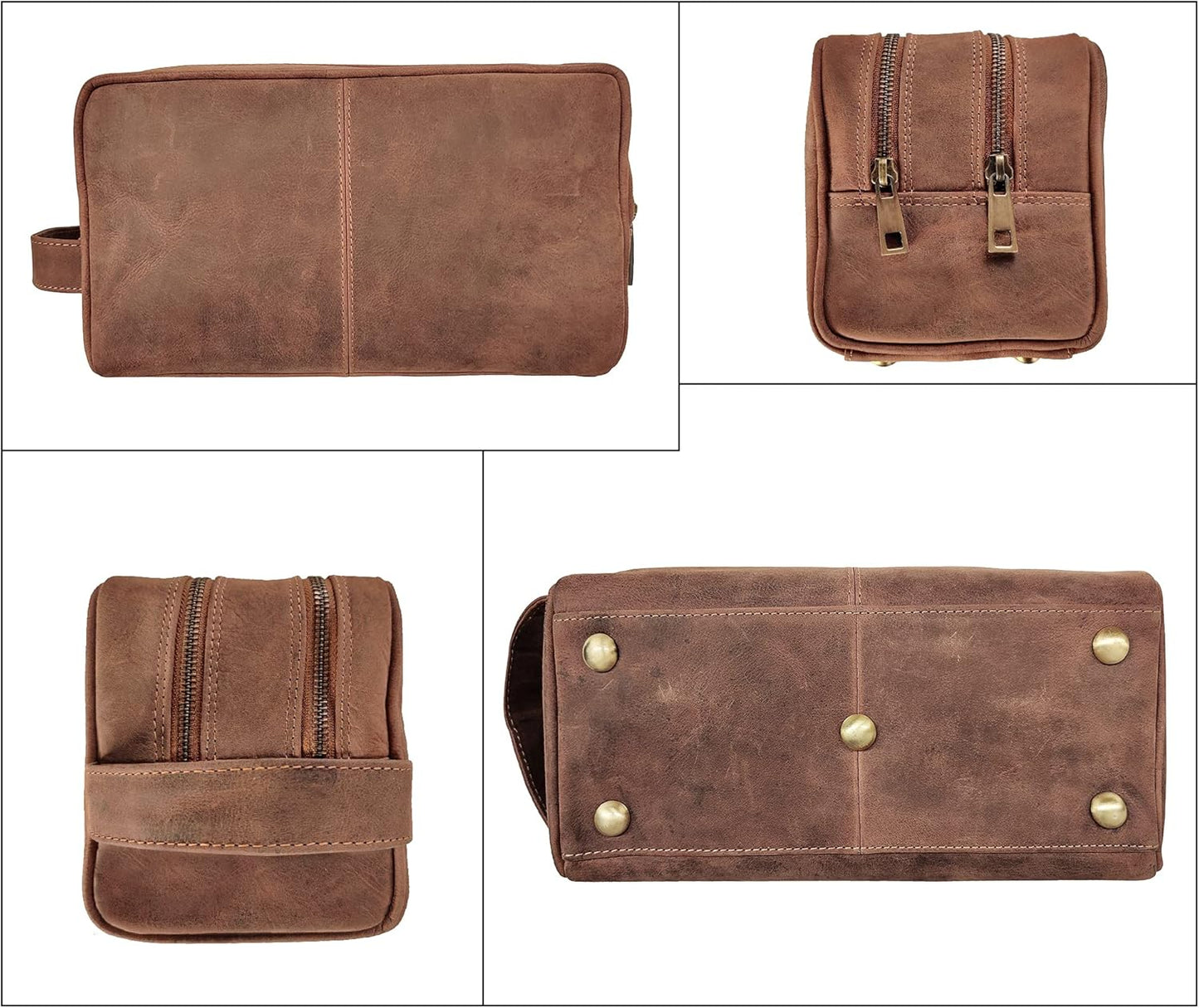 Full Grain Leather Handmade Travel Toiletry Bag - Wash Bag, Shaving Kit and Make up Kit - Travel Gift for Men and Women by