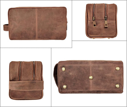 Full Grain Leather Handmade Travel Toiletry Bag - Wash Bag, Shaving Kit and Make up Kit - Travel Gift for Men and Women by