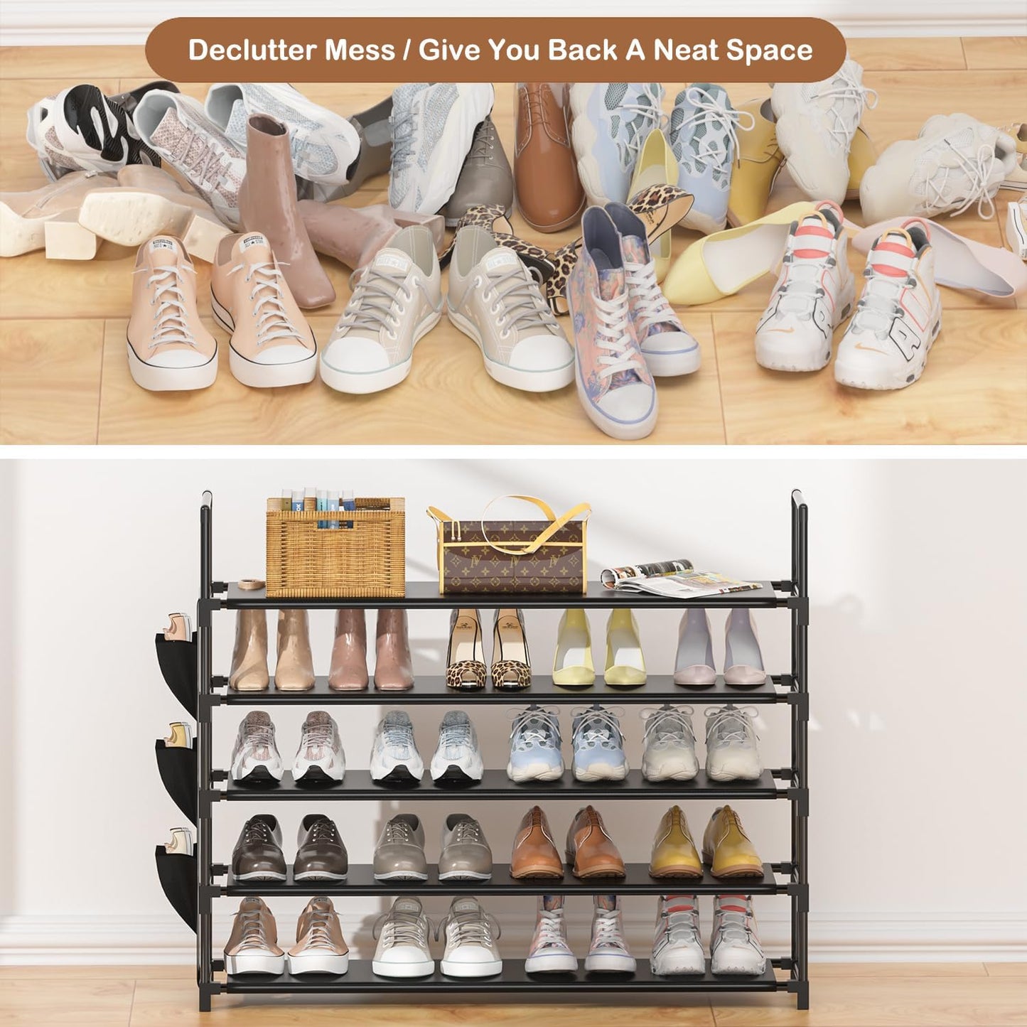 5-Tier Shoe Organizer Rack for Closet, Entryway, Garage, and Door - Space-Saving Shoe Holder Stand with Large Capacity for 20-25 Pairs