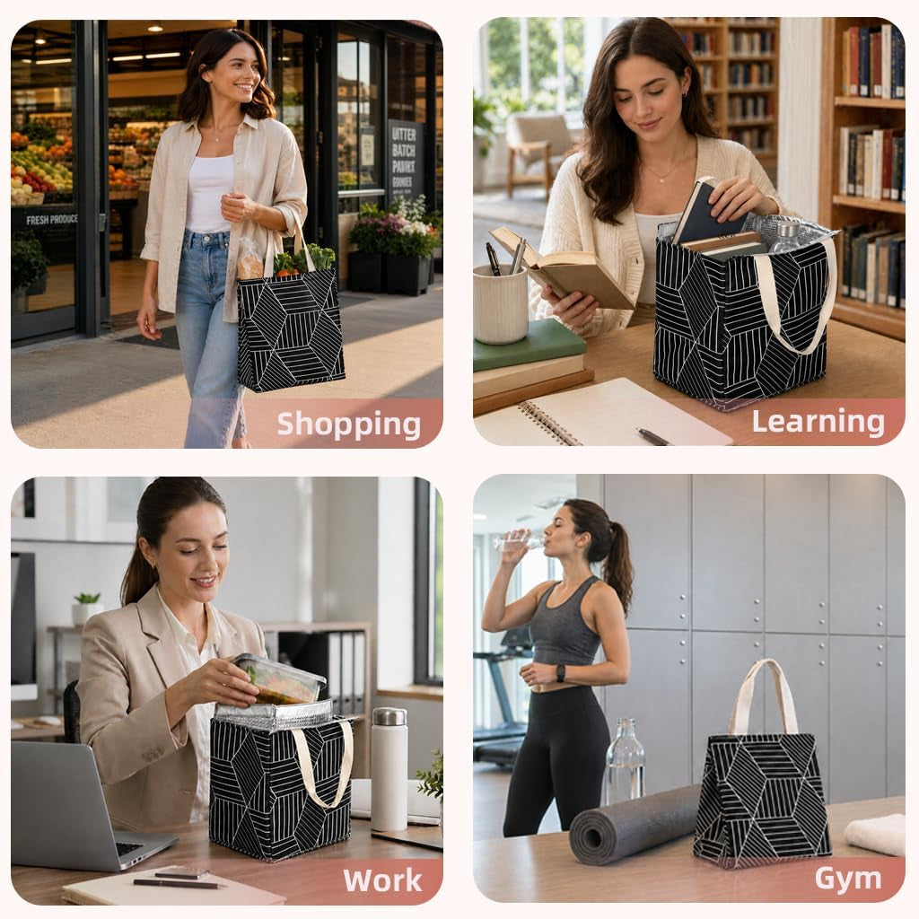 Insulated Lunch Bag for Women, 9L Sturdy Wide-Open Foldable & Portable Lunch Tote with Interior Pockets, Water-Resistant Thermal Lunch Cooler for Adults Picnic Beach (Black Rhombus)