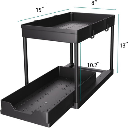 under Sink Storage 2 Pack, 2 Tier Sliding Organiser, Multi-Purpose Shelf Organiser, Pull Out Cabinet Basket Drawer (Black)