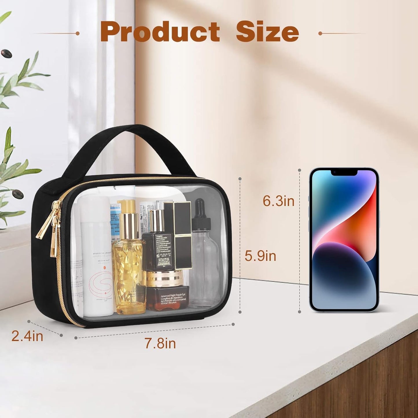 TSA Approved Toiletry Bag, 2 Pack Clear Makeup Bags with Handles, Quart Size Toiletry Bags, PVC Cosmetic Bags for Women and Men, Carry on Airport Airline Compliant Bag, Black